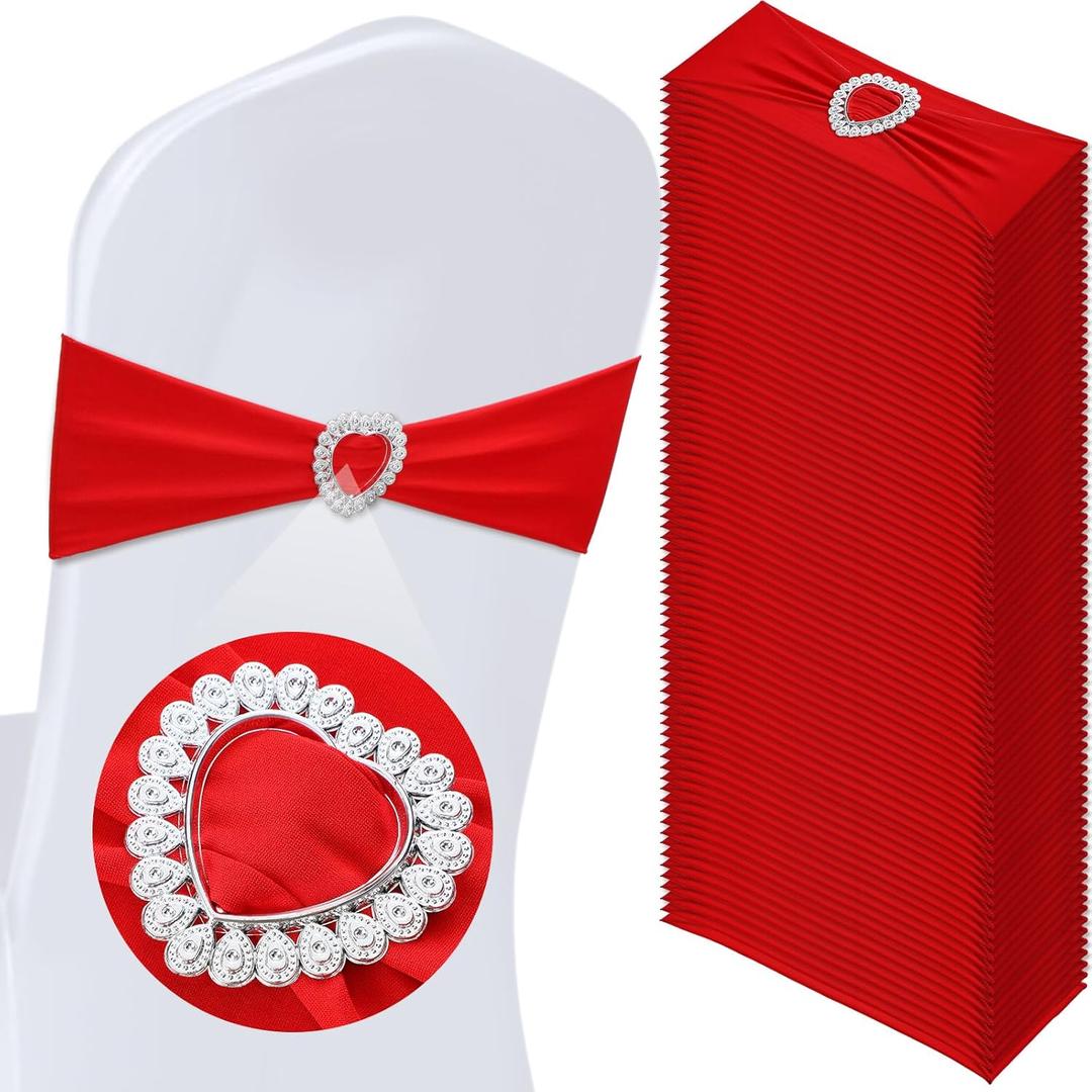 VitalCozy 50 Pcs Spandex Chair Sashes with Heart Shaped Buckle Slider Stretch Chair Cover Band Universal Elastic Chair Ties for Wedding Banquet Event Party Decoration(Red)