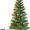 3 Ft Tabletop Christmas Tree Remote Control Artificial Small Christmas Tree 50 Warm White&Colored Lights Battery Operated 12 Modes Timer Pinecones Red Berries Burlap Base Xmas Christmas Decorations