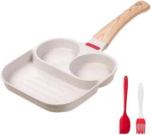 Biubumtu Egg Frying Pan Nonstick - 3 Section Egg Skillet 3-In-1 Divided Breakfast Grill Pan, 7.9" Omelette Pan Compatible with Gas Stove & Induction Cooktops, PFOA Free