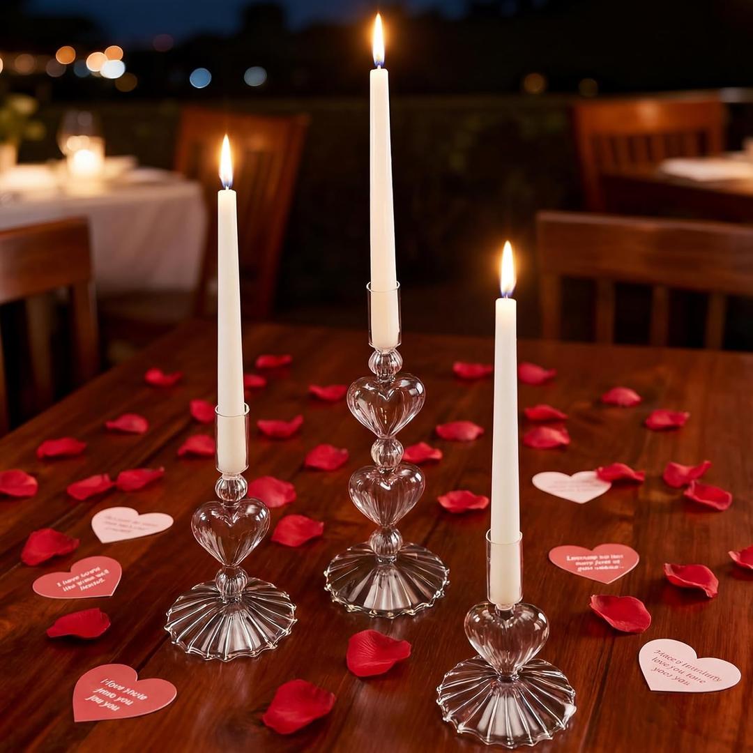 Mumufy 3 Pcs Valentine's Day Glass Candlestick Holders Heart Glass Taper Candle Holder Valentines Heart Candle Stick Vase Decor for Valentine's Day Wedding Festival Party Table Centerpiece(Clear)