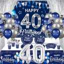 40th Birthday Decorations Kit for Men, 131Pcs Navy Blue Silver Happy 40th Birthday Party Banner and 40 Balloons Napkins Cups Tablecloth Foil Backdrops Supplies for Women 40 Years Old Anniversary Decor
