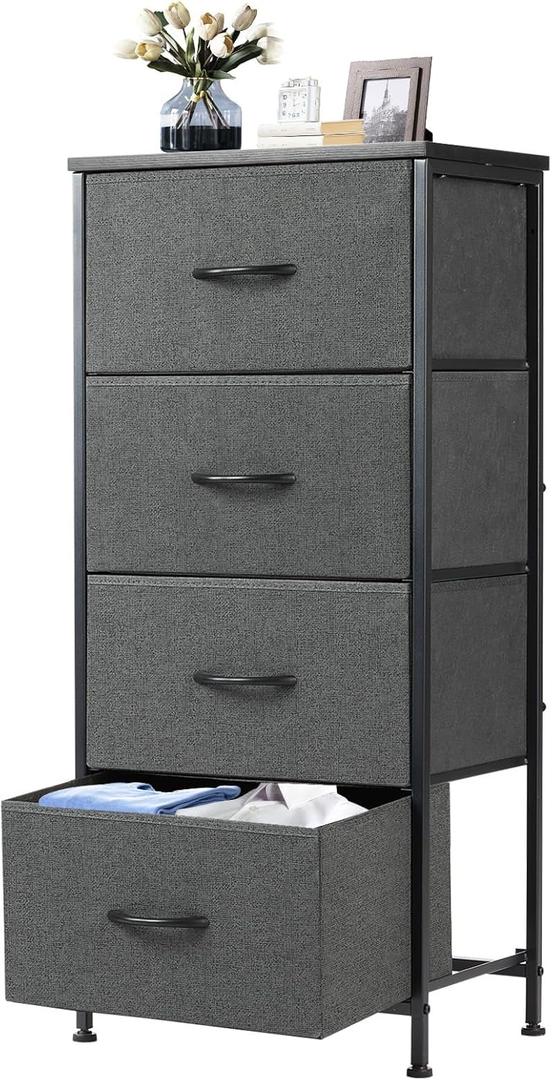 DUMOS Nightstand with 4 Drawers Bedside Table with Removable Fabric Bins Sturdy Steel Frame Wood Top Organizer Furniture for Bedroom Closet Living Room, 11.8"D x 17.7"W x 37.4"H
