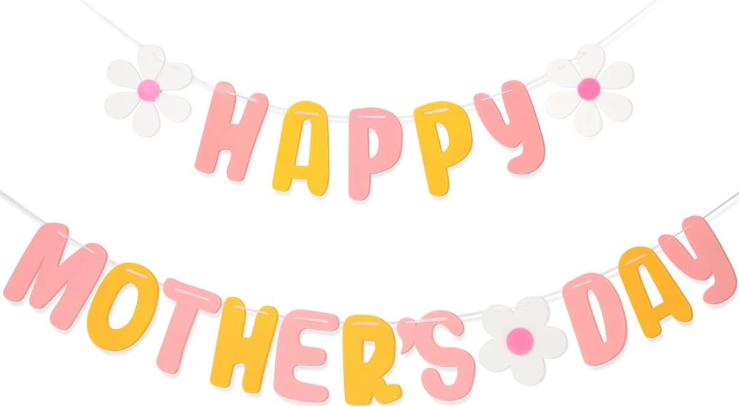 Mother's Day Felt Banner, Pre-Strung Happy Mothers Day Banner with Flower,Garland Banner for Mothers Day Brunch Event