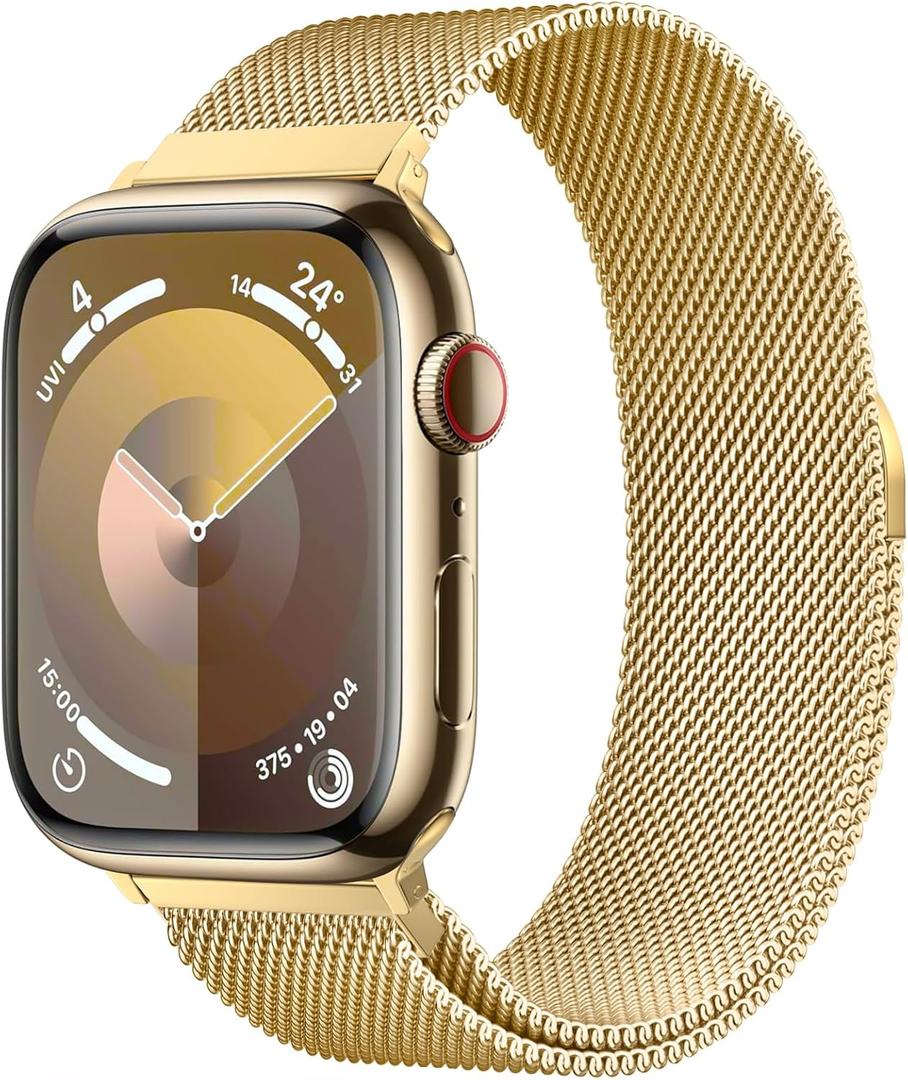 Original Stainless Steel Milanese Loop Compatible with Apple Watch Band 38mm 40mm 41mm 42mm 44mm 45mm 46mm 49mm, Magnetic Clasp Band for iWatch Series 11 10 9 8 7 6 5 4, SE 3 2 1 Ultra3 2, Women & Men (Gold)