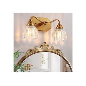 Vintage Bathroom Light Fixtures, 2 Light Gold Bathroom Vanity Light, Matte Antique Brass Finish with Crystal Glass Shade, Wall Sconces Lighting for Bedroom, Living Room, Hallway