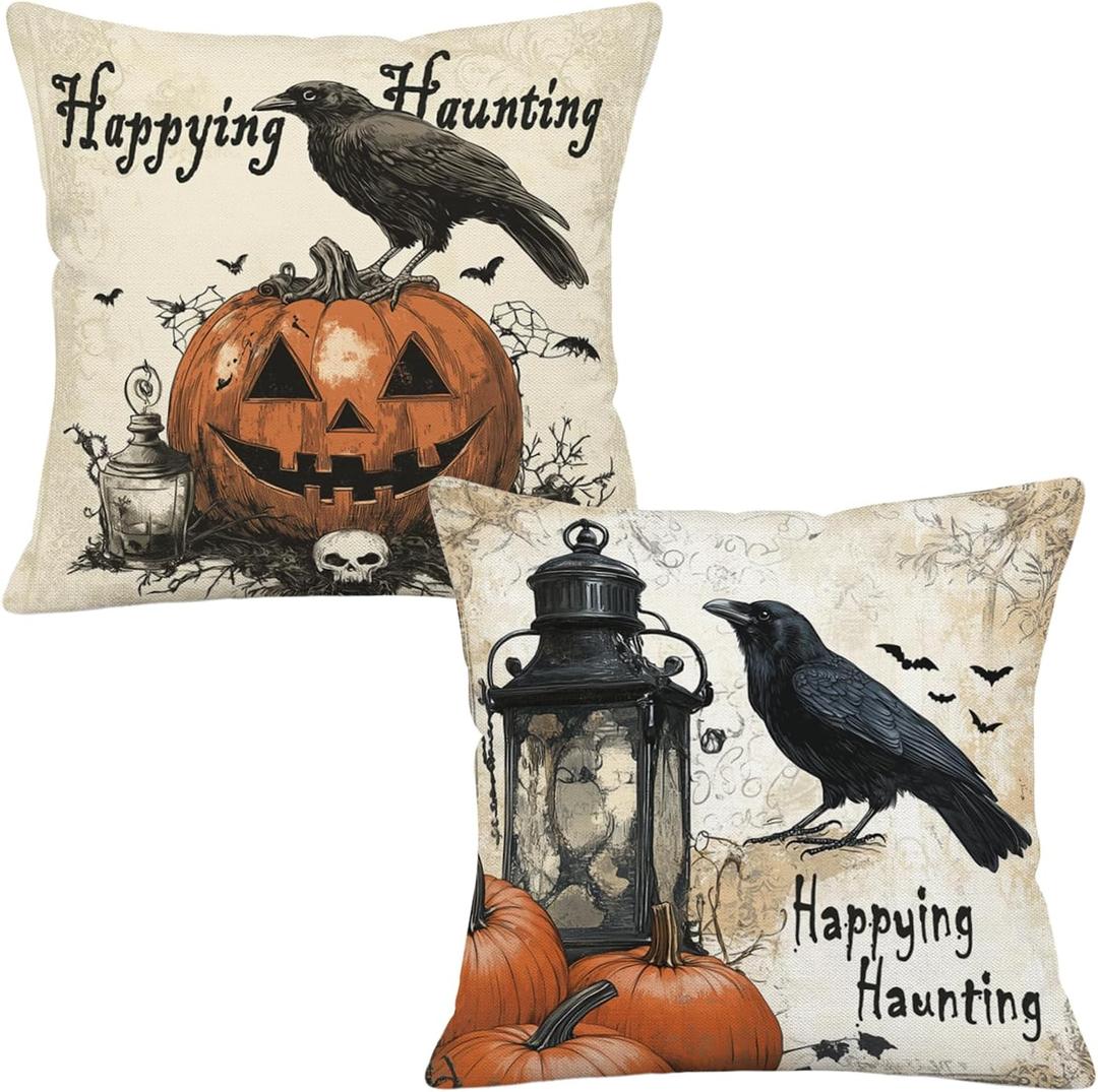 Halloween Throw Pillow Covers Set of 2  18x18 Inch Happying Haunting Quote Crow and Pumpkin Design, Double-Sided Print Decorative Cushion Covers for Couch Sofa Bed, Rustic Gothic Fall Decor