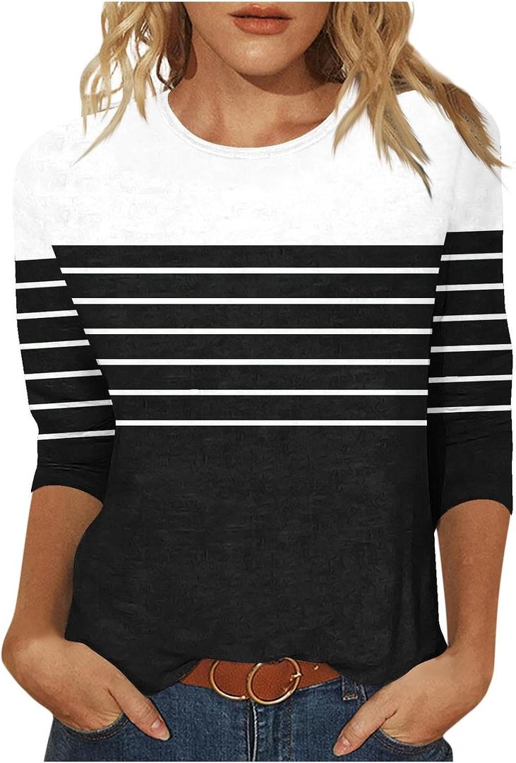 3/4 Length Sleeve Womens Tops Summer Three Quarter Striped Shirts Plus Size Trendy Casual Loose Fit Soft Blouse Tees