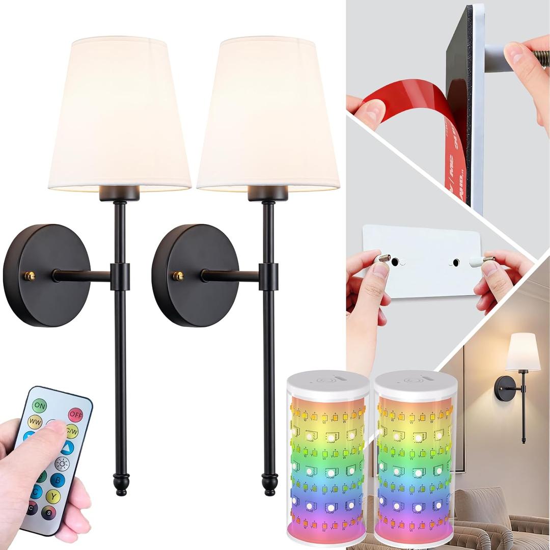 Peel and Stick Wall Sconces, Stick On Wall Sconce Set of 2, Battery Operated Wireless Adhesive Wall Lights, Corn Bulb with 10000mAh Battery, Easy Install for Bedroom Living Room Wall Decor (19.68inch, Black)