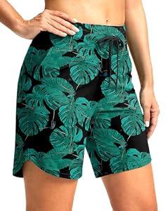 G Gradual Women's 7" High Waisted Swim Board Shorts with Pockets Quick Dry Beach Swimming Shorts for Women with Liner(Leaf, L) 