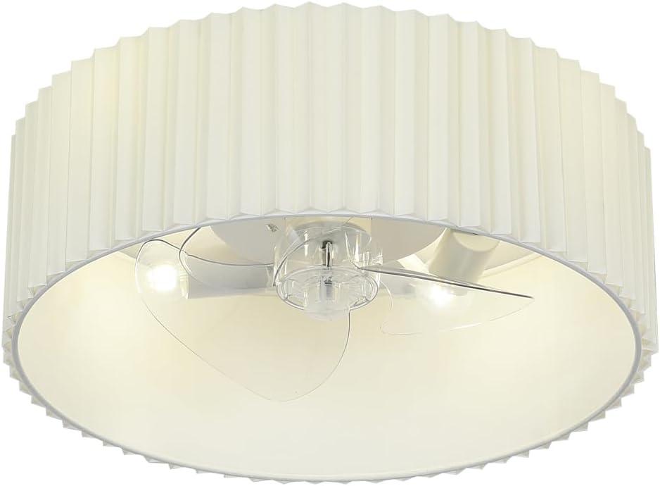 Small White DC Flush Mount Pleated Fabric Drum Ceiling Fan with Light Fixture and Remote Control,Low Profile Enclosed Bladeless Round Fandelier for Kitchen Bedroom Indoor