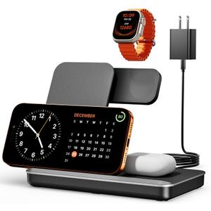 3 in 1 Charging Station for Apple Multiple Devices, Foldable Wireless Charger Stand for iPhone 17 16 15 14, Fast Travel Phone Charging Dock for Apple Watch Ultra 11 10 9 8, AirPods 4 3 Pro (Gray)