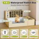 4-in-1 Waterproof Wooden Rabbit Litter Box with Hay Feeder, 2 Food Bowls, and Water Bottle | Large Capacity, Waste-Preventing Design for Rabbits, Guinea Pigs, Chinchillas, and Small Animals