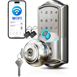 Veise VE028 Built-in Wi-Fi Smart Lock with Knob, Fingerprint Keyless Entry with Handle, App Remote & Voice Control, Electronic Digital Keypad for Front Door and Bedroom, IP65 Waterproof, Satin Nickel