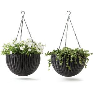 Keter Resin Rattan Set of 2 Round Hanging Planter Baskets for Indoor and Outdoor Plants-Perfect for Porches and Patio Decor, Graphite