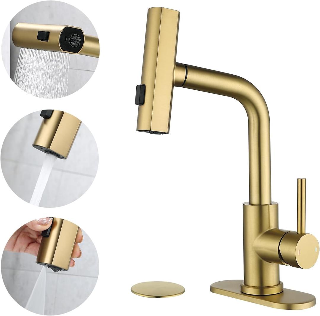 BARROCK Waterfall Bathroom Faucet with 3 Mode Pull Out Rotary Switch Sprayer, Modern Laundry Bar Sink Faucet with Deck Plate, Single Handle Stainless Steel Basin Faucets for 1 or 3 Holes, Brushed Gold