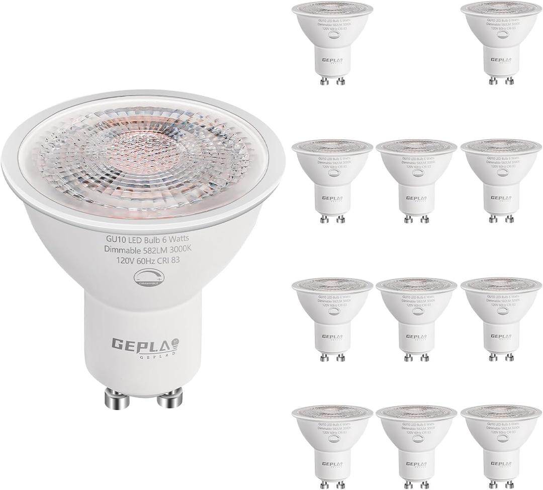 GEPLAD 12-Pack GU10 LED Bulbs 6W, Dimmable, 3000K Soft White 582LM, Replacement 50W Halogen Light Bulb for Spotlight Track&Recessed Lighting,No Flickers
