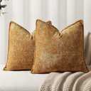 DEZENE Pack of 2 Golden Brown Decorative Throw Pillow Covers 18x18 Cozy Soft Chenille Accent Vintage Square Couch Pillow Covers for Home Decor Bed Sofa Living Room