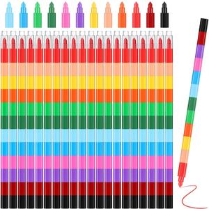 Marspark 20 Pcs Stackable Crayons Stacking Buildable Crayons Colorful Stackable Pencils Party Favors DIY Rainbow Pencil for School Office Birthday Party, 12 Colors(Vivid Color,Flat)