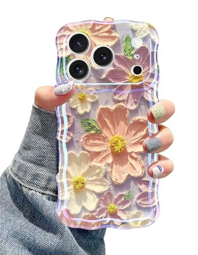 Jusy Case for iPhone 17 Pro Max, Colorful Retro Oil Painting Printed Flower Laser Blue Glossy Pattern Cute Curly Wave Phone Case Soft TPU Cover for Girly Women - Light Purple