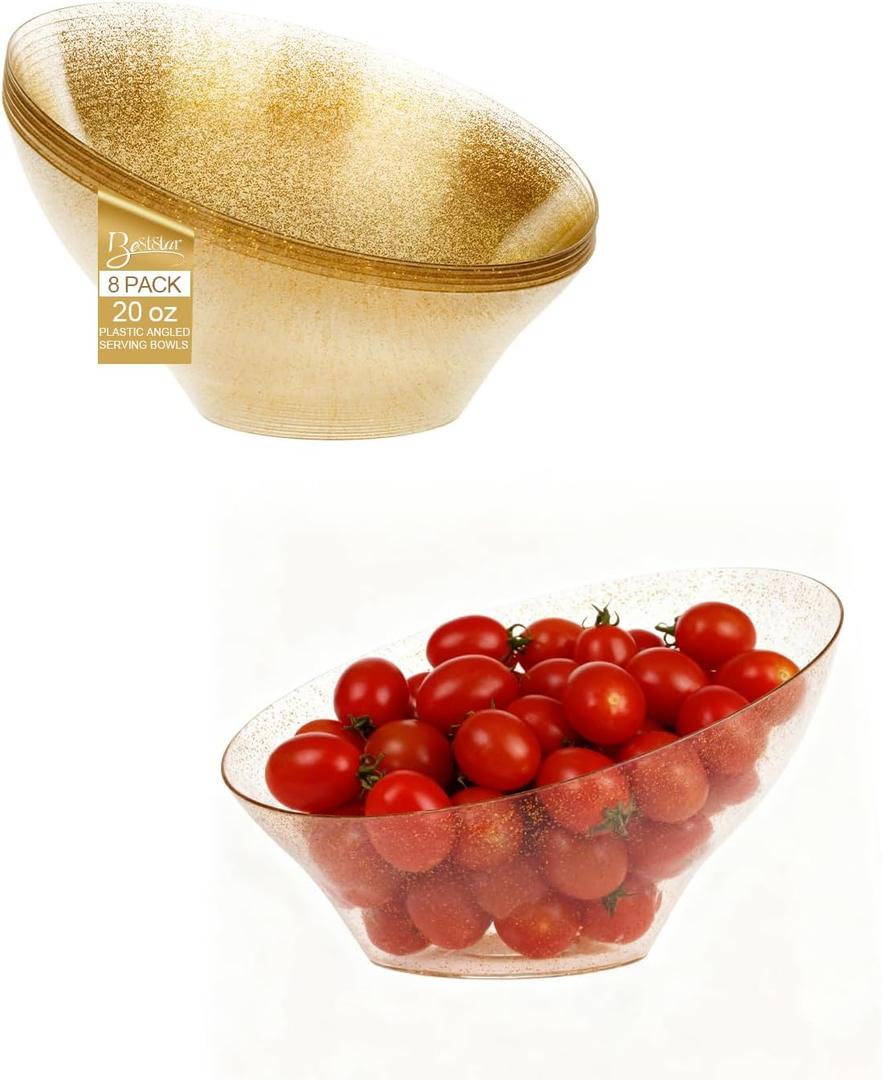 BESTSTAR Clear and Gold Gliter Plastic Serving Bowls 8 Pack 20OZ  Angled Disposable Party Bowls for Chips, Salad, Fruit & Candy  Heavy Duty Clear Serving Bowls for Parties, Buffet, Christmas
