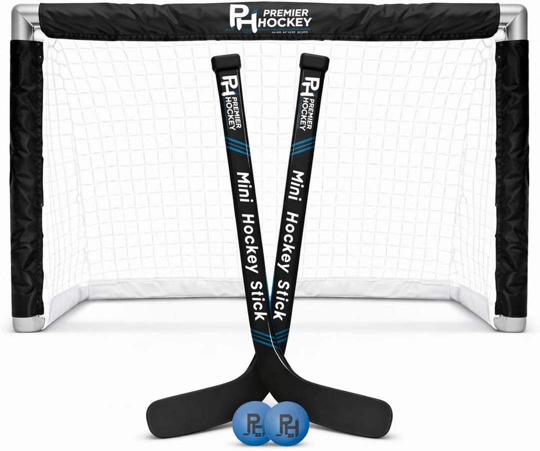 Premier Sports Knee Hockey Set Complete 2-Player Indoor Kit with (1) Mini Goal, (2) Mini Sticks, and (2) Foam Balls