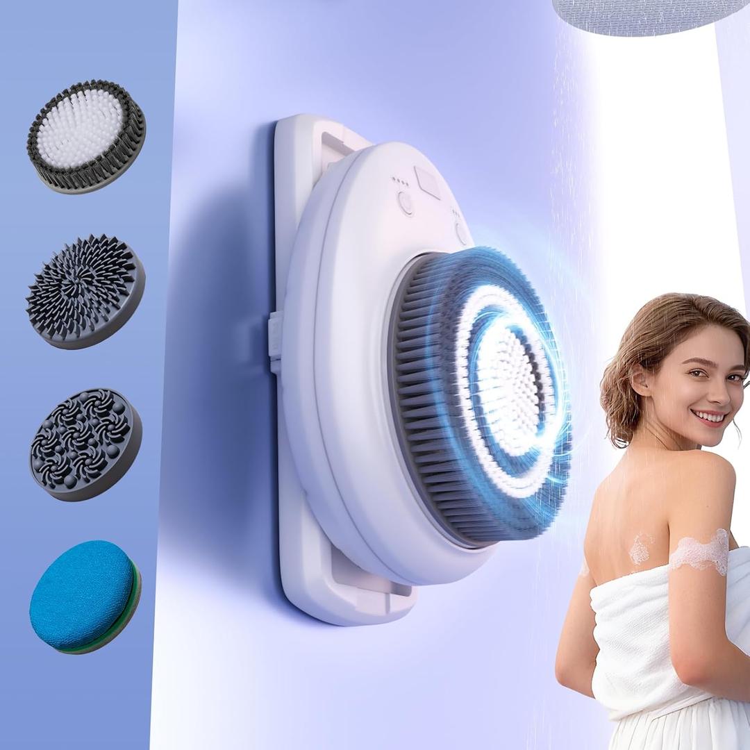 Shower Back Scrubber Wall Mounted, with 4 Replaceable Heads, 7''Electric Large Back Scrubber for Shower Wall, 3 Speed Adjustment Exfoliating Brush for Back Cleansing, Exfoliating