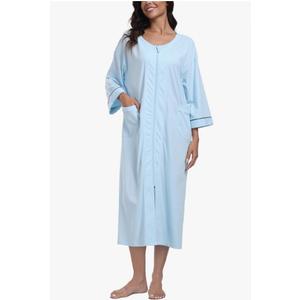 ANLIQI Women's 100% Cotton Long Robes Lightweight Housecoats 3/4 Sleeve Loungewear Dress Full Length Bathrobe with Pockets, L