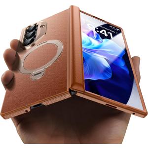 for Samsung Galaxy Z Fold 7 Case - Luxury Leather Zflold 7 Case with Screen Protector, Kickstand and 360 Ring Holder Brown