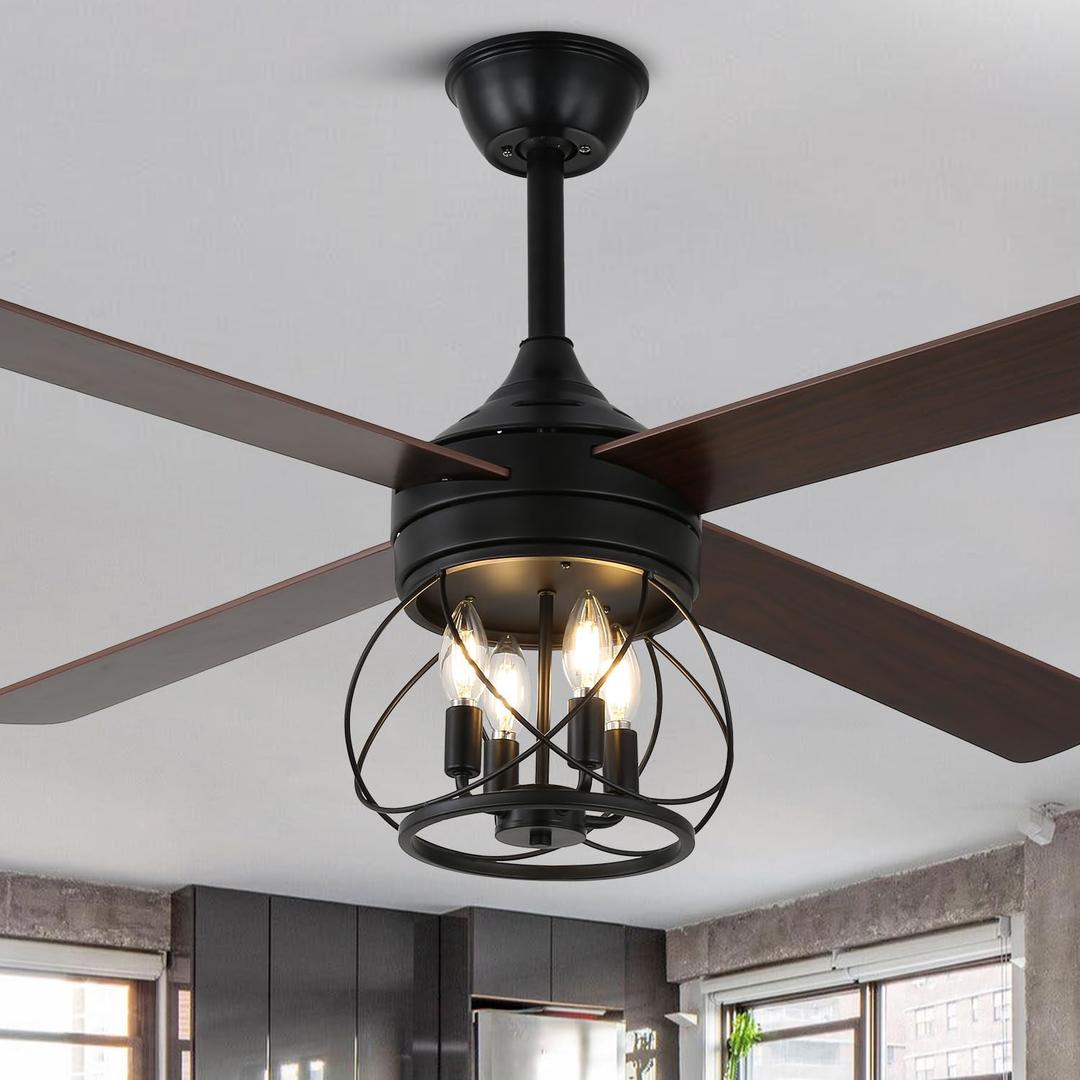 52 Inch Farmhouse Ceiling Fan with Light and Remote Industrial Ceiling Fan Quiet and Reversible DC Motor Rustic Caged Chandelier Fan for Living Room Bedroom Patio (Caged Frame)