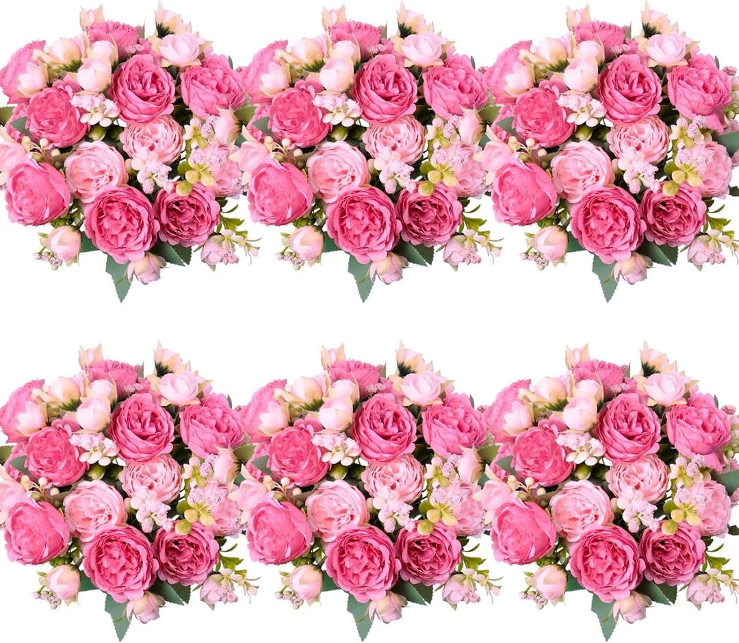 6 Pcs Peonies Artificial Flowers Bulk, Blush Pink Silk Peonies Fake Bouquet for Floral Centerpieces, Red Realistic Faux Peony Flower for Flower Arrangements Wedding Decoration Vase