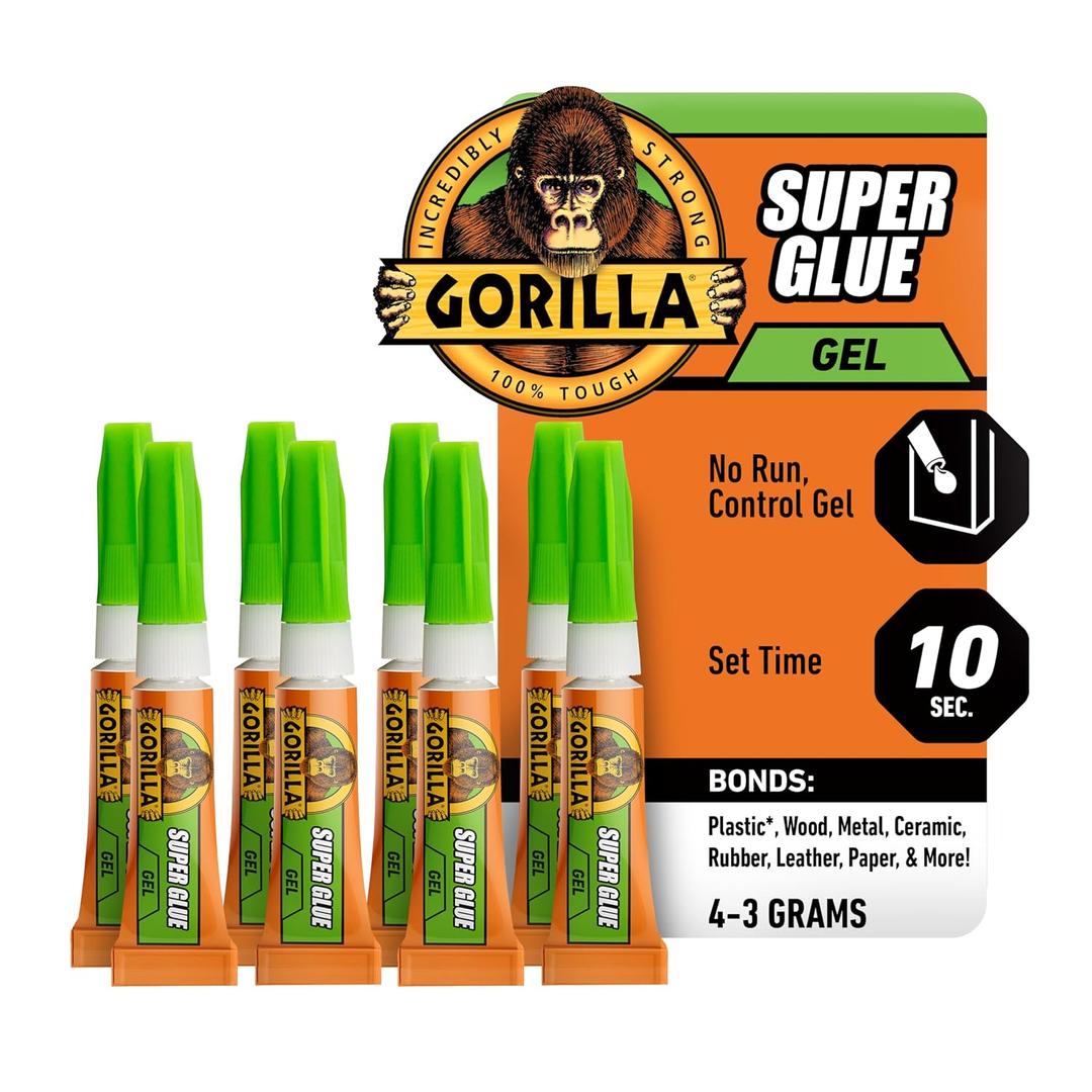 Gorilla Super Glue Gel, Clear, Four 3 g Tubes, 2-Pack, All Purpose | Fast Setting, Ideal for Projects and Repairs, No-Run Formula, Anti-Clog Cap, Dries in 10-45 Seconds