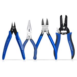 KAIHAOWIN 4-Piece Pliers Set, 5" Long Nose, 5" Flush Cutters, 6" Wire Cutter, 7" Wire Strippers, Small Hand Tools for Crafting Repairing Cutting