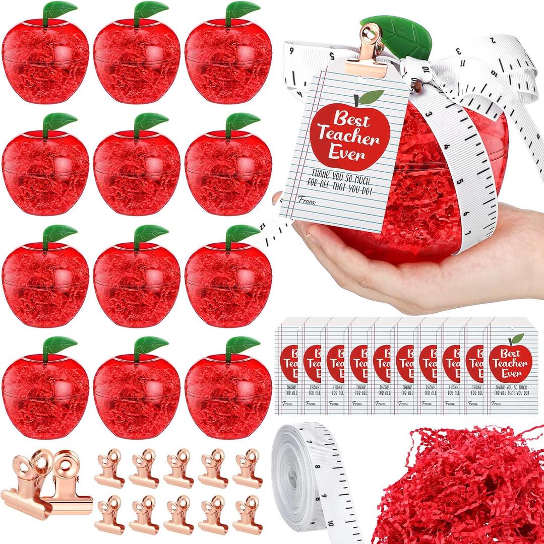 Funnymoom 38pcs Teacher Appreciation Apple Container Gifts Including 12 Set Plastic Apple Container Thank You Tag Small Clips School Bus Ribbon for Classroom School Party Decorations
