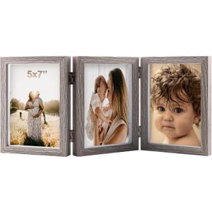 5x7 Triple Hinged Picture Frames Shadow Box MDF Wood Grey with Real Glass 3 Vertical Opening Family Lover Gift