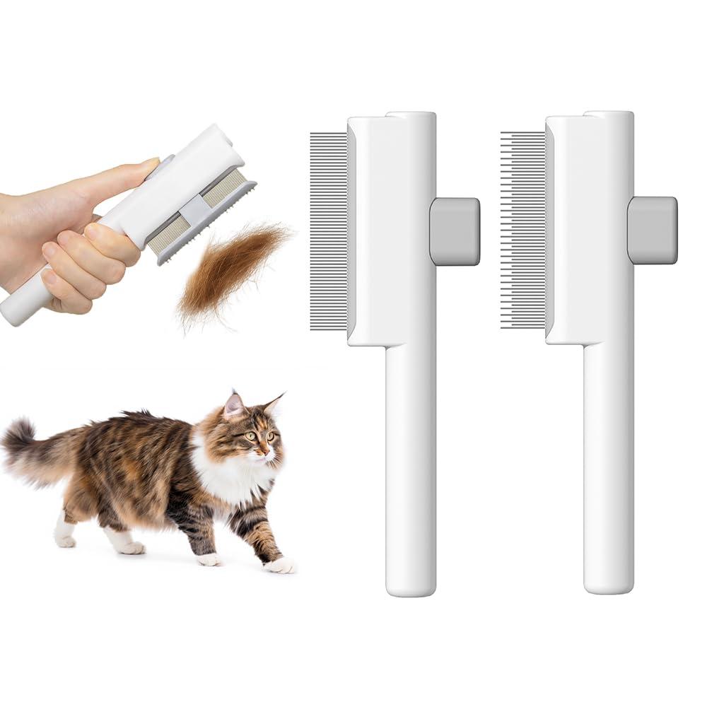 Marchul 2Pcs Pet Comb Flea Comb Set for Cats Dogs, Cat Grooming Brush with Release Button and Stainless Steel Round Teeth, Self-Cleaning Dog Combs for Removing Pet Hair, Knots & Loose Fur, White