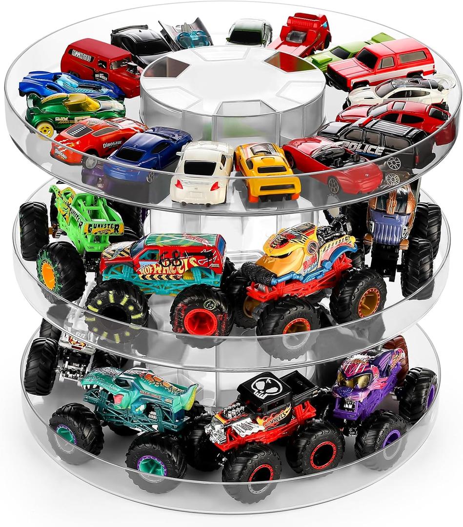 Display Case, 1/64 Scale Diecast Toy Car Storage, Compatible with Monster Jam Trucks, Parking Garage Diorama - Freestanding Storage with 3 Levels Maximum 60-80 Cars (Clear)