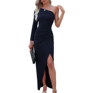 Sarin Mathews Womens One Shoulder Long Sleeve Cocktail Dresses Sexy Bodycon Ruched Wrap Split Party Formal Long Dress (Medium, 06navy)