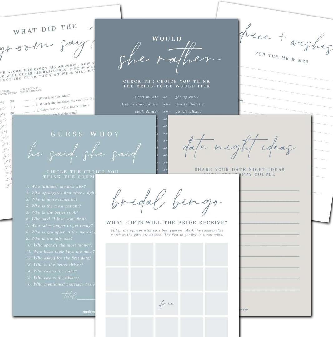 Bridal Shower Games for 25 Guests, 6 Fun Games, Double-Sided Card, Blue