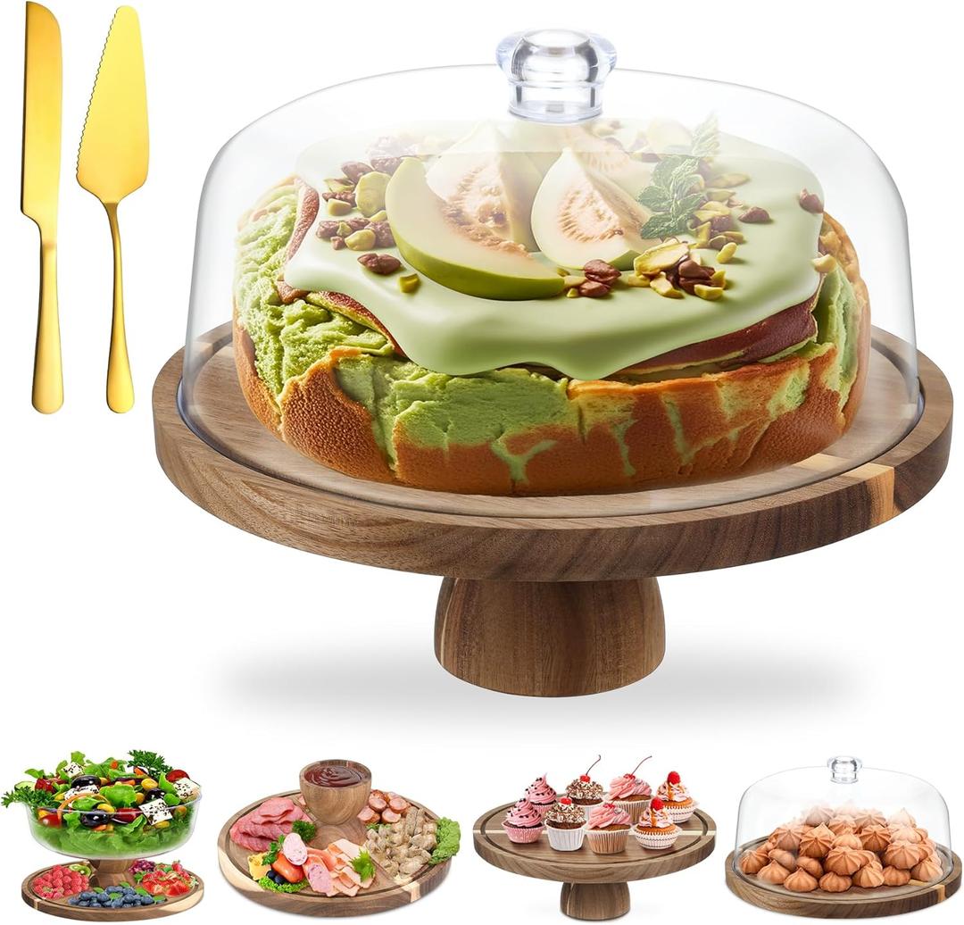 Acacia Wood Cake Stand with Lid, 12'' Round Cake Holder with Clear Acrylic Cover, 2 in 1 Dessert Table Display Set & Charcuterie Board, Kitchen Decor for Birthday or Wedding
