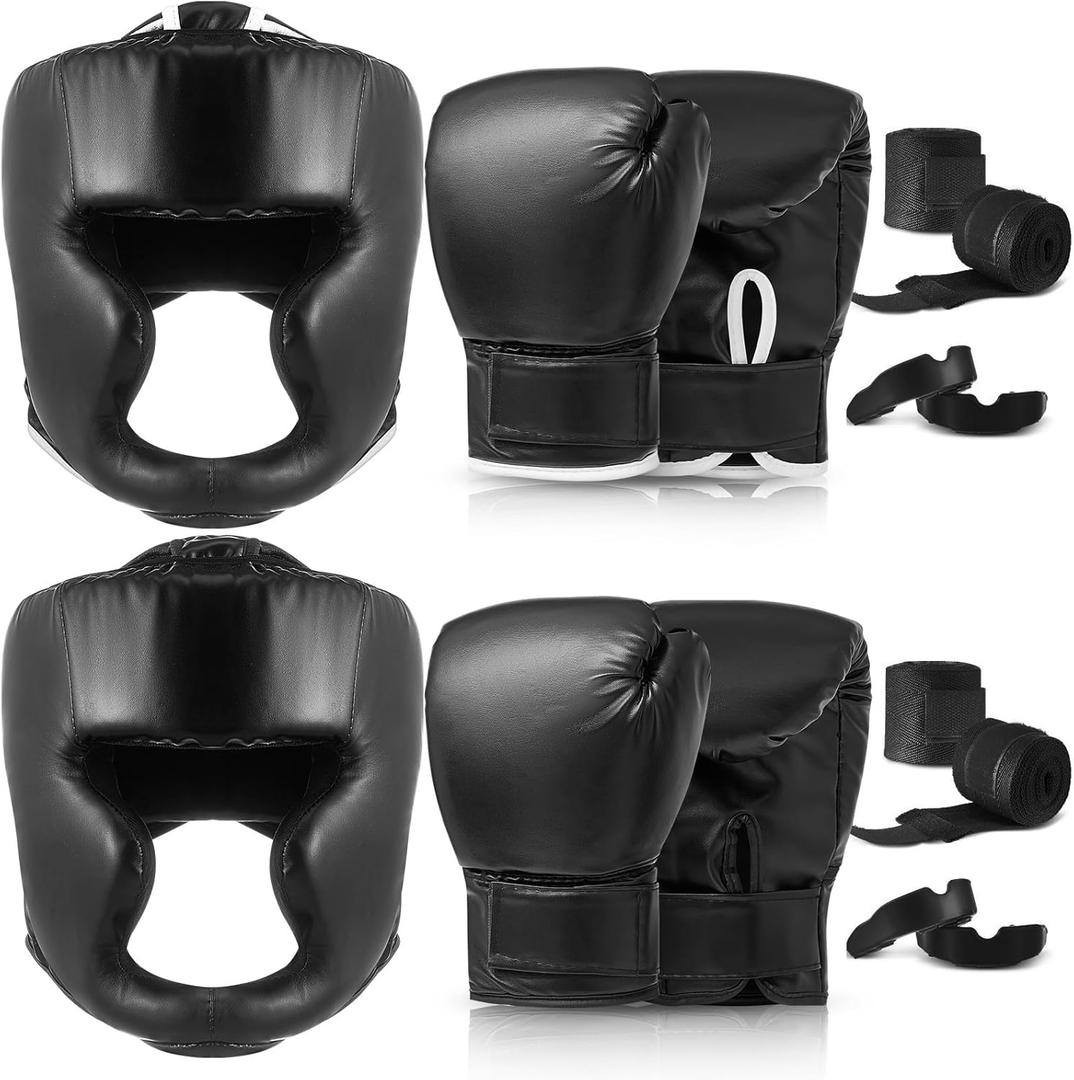 Kanayu 14 Pcs Boxing Gloves and Headgear Set for Beginners Youth 16 Ounce Boxing Gloves Headgear Helmet Hand Wraps Mouth Guards Equipment for Beginners Training Equipment Gifts (Black)