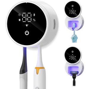 Upgraded UV Toothbrush Cleaner Holder Wall Mounted, Temracha Razor Electric Toothbrush Holder for Bathroom, LED Smart Screen, with Auto-Inductive Cover, Cleaning and 60-Degree Drying, for Home, Travel (White)
