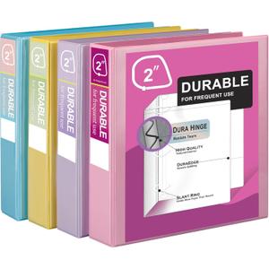 Zzrywuty Durable 3 Ring Binder, 2 Inch, Economy 4 Pack, Each Holds 540 Sheets, D-Ring Presentation View Binders for Office, School, Home (Pastel Assortment)