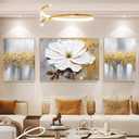Hand-Painted Floral Canvas Oil Painting for Living Room,Framed 3D Gold and White Abstract Wall Art for Bedroom, Large 3 Pieces Flowerl Wall Painting for Office Kitchen Bathroom Home Decor 24x64 inches, 24x32inches x1+16x24inches x2