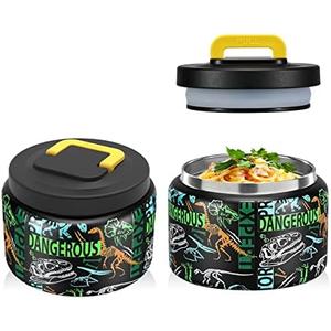 JXXM 8 Oz Thermo Food Jar for Hot & Cold Food for Kids, Insulated Lunch Containers Hot Food Jar,Leak-Proof Vacuum Stainless Steel Wide Mouth Lunch Soup Thermo for School (Black-Dinosaur Fossils)