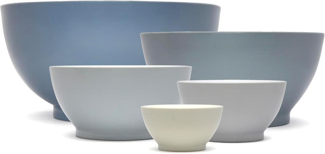 5-Piece Non-Spill Plastic Mixing Bowl Set - Reusable Nesting Kitchen Bowls with Concave Inner Lip and Non-Slip Base - Ideal for Baking, Prepping, Cooking and Serving - Sky Blue
