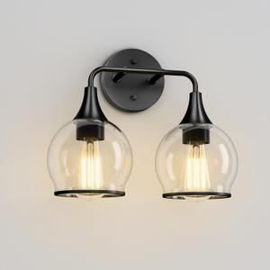 lightania 2-Light Bathroom Light Fixtures, Black Modern Vanity Lights with Clear Glass Shade, Bathroom Wall Lamp for Mirror Living Room Hallway Cabinet Porch, ETL Listed