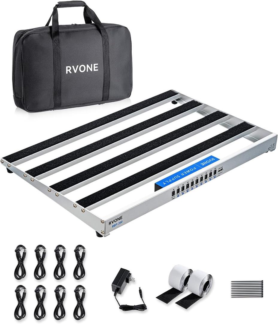 Guitar Pedal Board with Built-in Power Supply, Large 19.09x12.16" Aluminum Alloy Portable Pedalboard with Bag, Pedal Cables, Hook&Loop RBP-350
