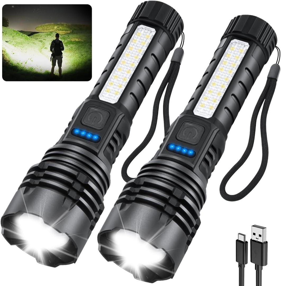 Rechargeable Flashlights High Lumens, 7Mode Super Bright Flashlight Powerful, Adjustable Tactical Flash Light High Powered, LED Flashlights for Home Emergency Hunting Camping Essentials Gear (2Pack)