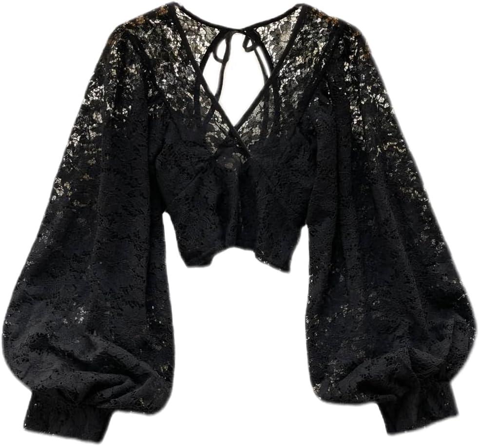 Womens Lace Blouse Long Sleeve Cute Thirt Lace Top Fairy Grunge Clothes Cottagecore Clothing Gothic Shirt (One Size, Black)