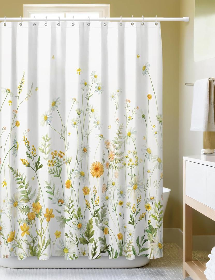 SUMGAR Floral Shower Curtains for Bathroom Yellow Green Blooming Flowers Shower Curtain Polyester Fabric Waterproof Washable Shower Curtain Sets for Bath Decor with 12 Hooks, 72 x 72 Inch (Green Floral)